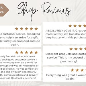 May include: Image of customer reviews with five-star ratings. The reviews mention excellent customer service, great quality, and satisfaction with purchases. The text "Shop Reviews" is displayed in elegant script.