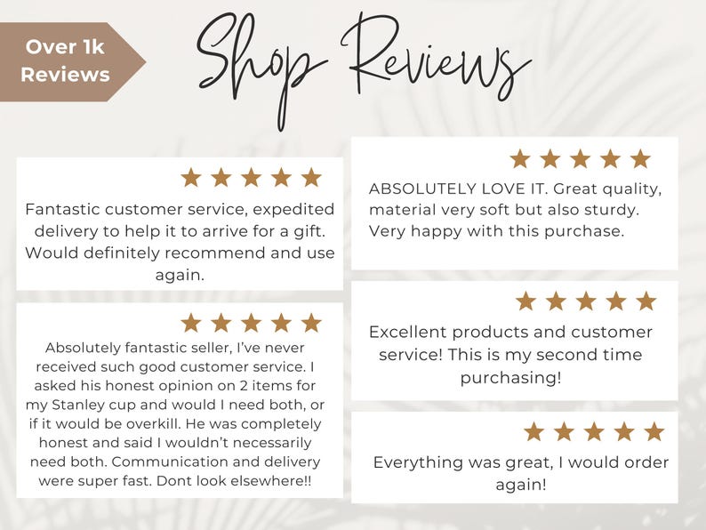 May include: Image of customer reviews with five-star ratings. The reviews mention excellent customer service, great quality, and satisfaction with purchases. The text "Shop Reviews" is displayed in elegant script.