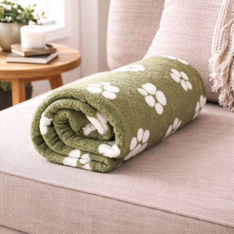 May include: A rolled-up olive green fleece blanket featuring a repeating pattern of white paw prints. The fabric has a soft, textured appearance, and the blanket is neatly coiled to display the interior and exterior layers of the patterned material.