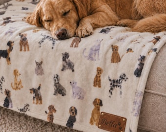 Personalised Dog Blanket Custom Name Leather Patch Dog Breed Print Fleece Throw Puppy Gift Pet Lover Gift Housewarming Gift Keepsake