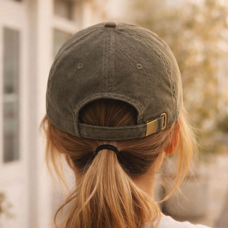 May include: Olive green corduroy baseball cap with a curved brim and adjustable strap. The cap features a brass-colored metal clasp. The back of the cap is visible, showing the adjustable strap and the cap's construction.