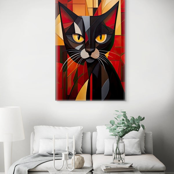 Cubist Art, Curious Sitting Cat, Colourful Wall Art, High Resolution Jpg Download, DIY Printable Art, 6000x9000 Pixels, Prints Up To 40x60"