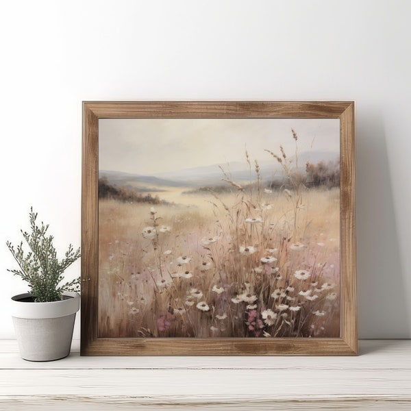 Misty Meadow Morning, Original Landscape Painting of Wildflowers at Dawn, Printable Digital Art, Jpg Download