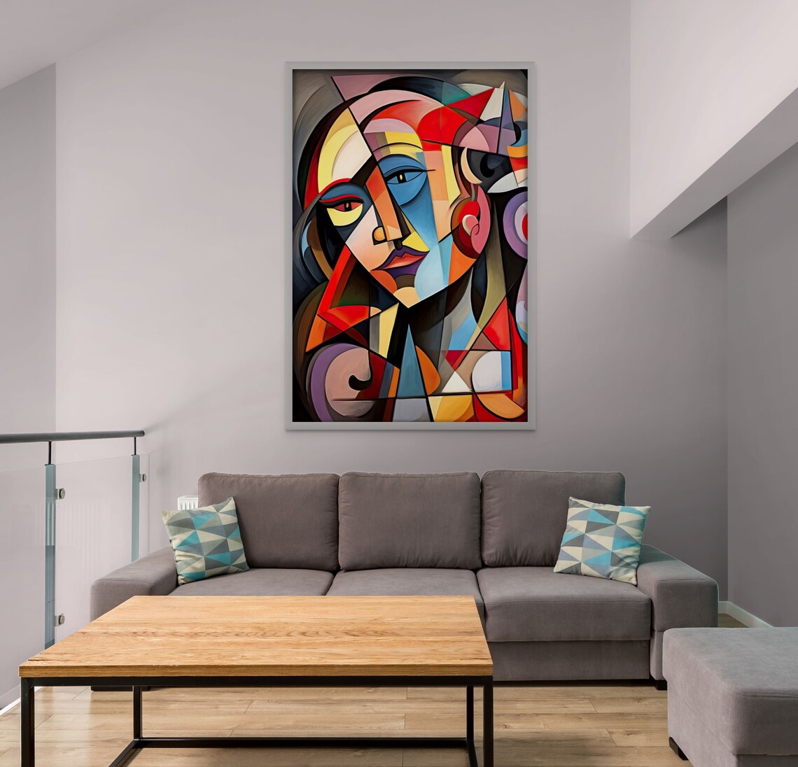 Neo Cubism Wall Art, Woman's Face, Colourful Abstract Shapes