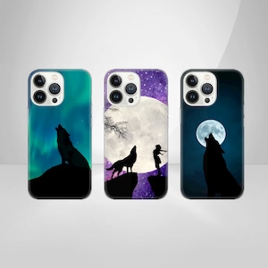 May include: Three iPhone cases with different designs featuring a wolf howling at the moon. The first case has a blue and green aurora borealis design. The second case has a purple and pink galaxy design. The third case has a dark blue night sky design.