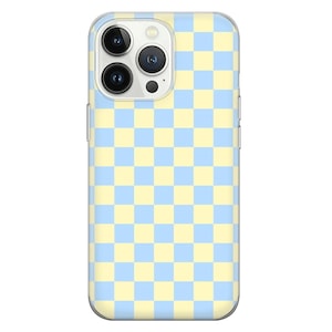 May include: A clear phone case with a light blue and yellow checkered pattern. The case is designed for an iPhone with a camera bump.