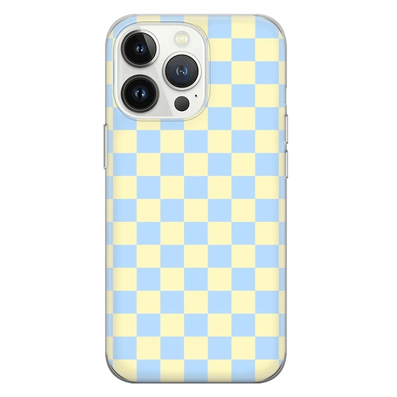 May include: A clear phone case with a light blue and yellow checkered pattern. The case is designed for an iPhone with a camera bump.
