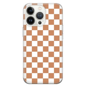 May include: A clear phone case with a brown and white checkered pattern. The case is designed for an iPhone.
