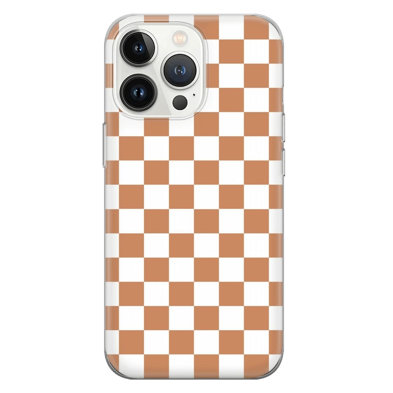 May include: A clear phone case with a brown and white checkered pattern. The case is designed for an iPhone.