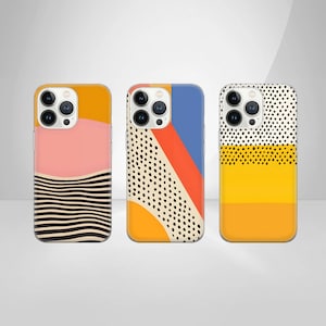 Könnte beinhalten: Drei iPhone-Hüllen mit verschiedenen geometrischen Mustern. Die erste Hülle hat schwarze und weiße Streifen auf einem rosa und gelben Hintergrund. Die zweite Hülle hat einen blauen, roten und gelben Hintergrund mit schwarzen Punkten. Die dritte Hülle hat ein gelbes und schwarzes Punkte-Muster auf einem gelben Hintergrund.