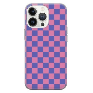 May include: A clear phone case with a pink and purple checkered pattern. The case is designed for an iPhone.