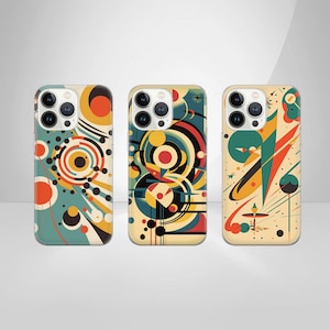 Könnte beinhalten: Drei iPhone-Hüllen mit abstrakten geometrischen Designs. Die Hüllen sind in verschiedenen Farben gehalten, darunter Blau, Gelb, Rot und Schwarz. Die Designs erinnern an die moderne Kunst der Mitte des Jahrhunderts.