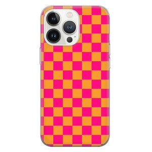 May include: A clear phone case with a checkered pattern in pink and orange.