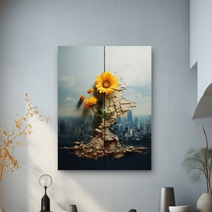 Solros som bryter igenom urban målning, abstrakt canvastavla, väggkonst med fusion av natur och stad, blomma som växer fram ur fotolandskap