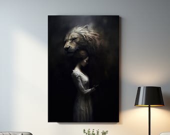 Guardian Lion Canvas art, Symbolic Lion digital painting, Bravery and Protection, Girl with Lion artwork, Fantasy Surrealism composition