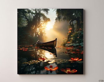 Canoa pacífica descansando en un estanque sereno Impresión de lienzo, decoración de pared de oasis tranquilo, arte de pared de serenidad junto al agua, arte de ambiente relajante