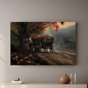 Harvest Carriage Canvas Art, Horse Pulling an Apple Wagon Wall art, Countryside Artwork, Rustic Farmland Digital Painting