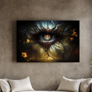 Mystical Eye Canvas Art, Fantasy Wall Decor, Spiritual Home Accent, Surrealism wall hanging, Meditation Space Decor, Nature-Inspired Artwork