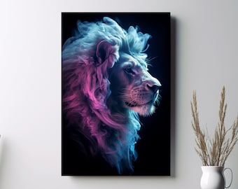 Impresión de lienzo de león blanco luminoso - Arte de pared de vida silvestre sorprendente, arte de león brillante, león bioluminiscente, arte de fantasía, impresión de majestad radiante