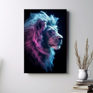 Luminous White Lion Canvas Print - Striking Wildlife Wall art, Glowing Lion art, Bioluminescent lion, fantasy art, Radiant Majesty print