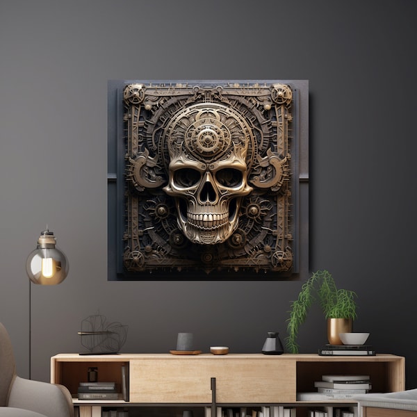 Decorative skull with intricate detailing Canvas Art Print, Elaborate Skull mount wall decor, Ornamental Head composition, Wall art