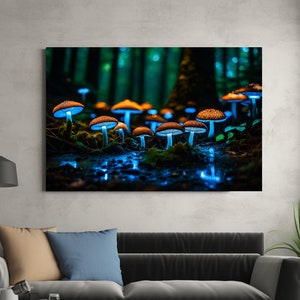 Glowing Mushrooms by a Pond in the Forest Canvas Art Print, Illuminated fungi wall art, Bioluminescent Mushrooms artwork, Enchanted Forest