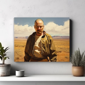 Puede incluir: Una pintura de un hombre con una chaqueta marr&oacute;n y gafas, de pie en un paisaje des&eacute;rtico. El hombre tiene una expresi&oacute;n seria en su rostro.