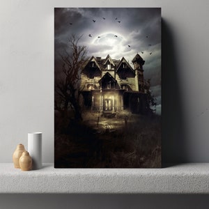 Haunted House Canvas art, Optical Illusion art, Skull Mirage digital painting, Hidden transformation imaging, Mystery ambiance