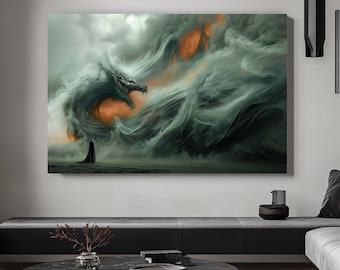 Arte en lienzo de Storm of the Dragon, obra de arte de fantasía mística, decoración de pared de bestias etéreas, arte de pared medieval, pintura digital de criaturas mágicas