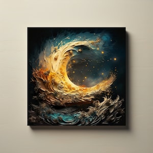 May include: Abstract painting of a crescent moon formed by swirling, textured brushstrokes in shades of gold, brown, and blue against a dark blue background with scattered white stars.
