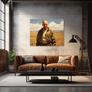 Puede incluir: Una pintura de un hombre con una chaqueta verde y gafas de pie en un paisaje des&eacute;rtico.