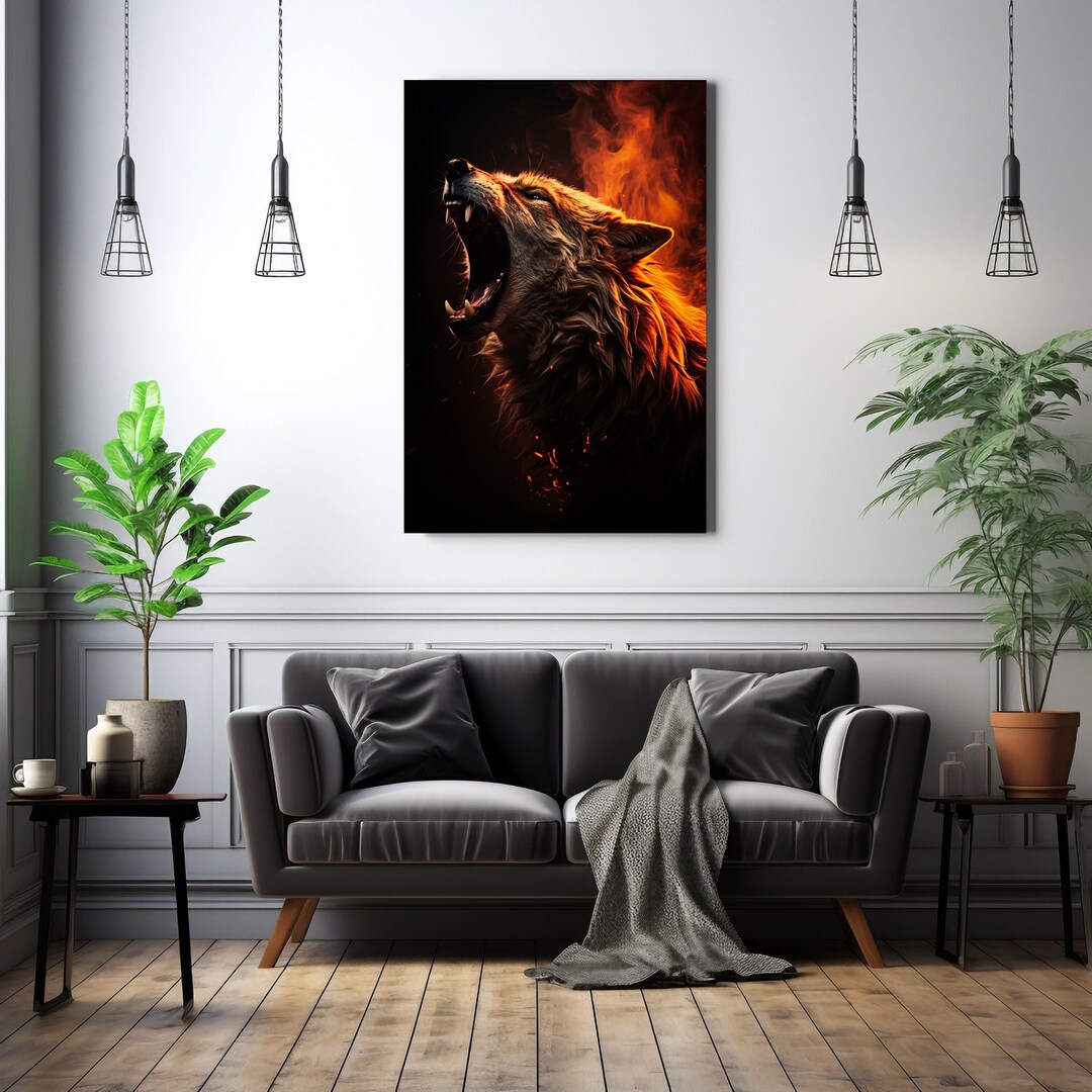 The Fierce Wolf Canvas Art Print, Roaring Wolf in Darkness Wall Art ...