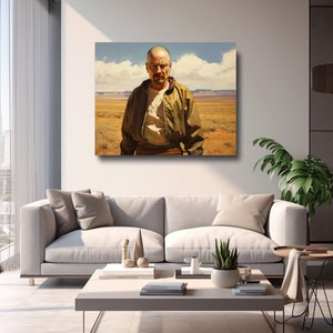 Puede incluir: Una pintura de un hombre con gafas y una chaqueta marr&oacute;n de pie en un paisaje des&eacute;rtico. El hombre tiene una expresi&oacute;n seria en su rostro.