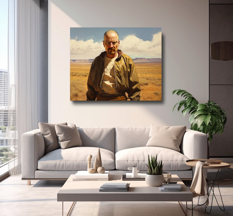 Puede incluir: Una pintura de un hombre con gafas y una chaqueta marr&oacute;n de pie en un paisaje des&eacute;rtico. El hombre tiene una expresi&oacute;n seria en su rostro.