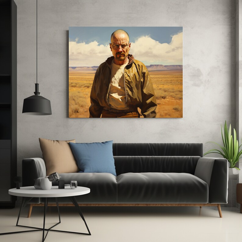 Puede incluir: Una pintura de un hombre con la cabeza rapada que lleva una chaqueta verde y una camisa blanca de pie en un paisaje des&eacute;rtico.