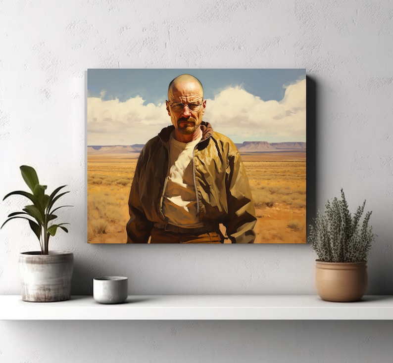 Puede incluir: Una pintura de un hombre con una chaqueta marr&oacute;n y gafas, de pie en un paisaje des&eacute;rtico. El hombre tiene una expresi&oacute;n seria en su rostro.