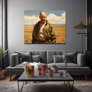 Puede incluir: Una pintura de un hombre con una chaqueta marr&oacute;n y gafas de pie en un paisaje des&eacute;rtico. El hombre tiene una expresi&oacute;n seria en su rostro.