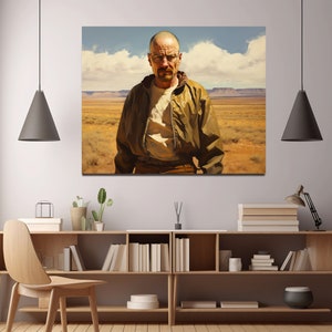 Puede incluir: Una pintura de un hombre con una chaqueta marr&oacute;n y gafas, de pie en un paisaje des&eacute;rtico. El hombre tiene una expresi&oacute;n seria en su rostro.