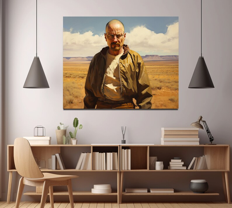 Puede incluir: Una pintura de un hombre con una chaqueta marr&oacute;n y gafas, de pie en un paisaje des&eacute;rtico. El hombre tiene una expresi&oacute;n seria en su rostro.