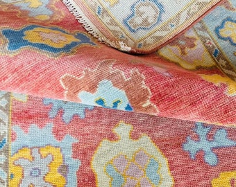 Handknotted Wool Oushak Rug: Red & Blue Oriental Turkish Rug