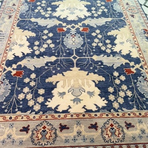 Hand-Knotted Wool Oushak Rug: Persian Blue Floral Turkish Rug