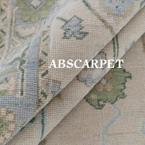 8X10 Handmade Oushak Rug: Ivory Blue Turkish Knot, 9X12,10X14 Hand knotted Wool Modern Vintage Oushak Custom Size available.
