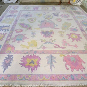 9x12 cream and hot pink rug  Oushak Style Rug 8x10, 10x14 Turkish Rug  Handmade Wool Rug pastel Oriental Rug For Living Room & Nursery.