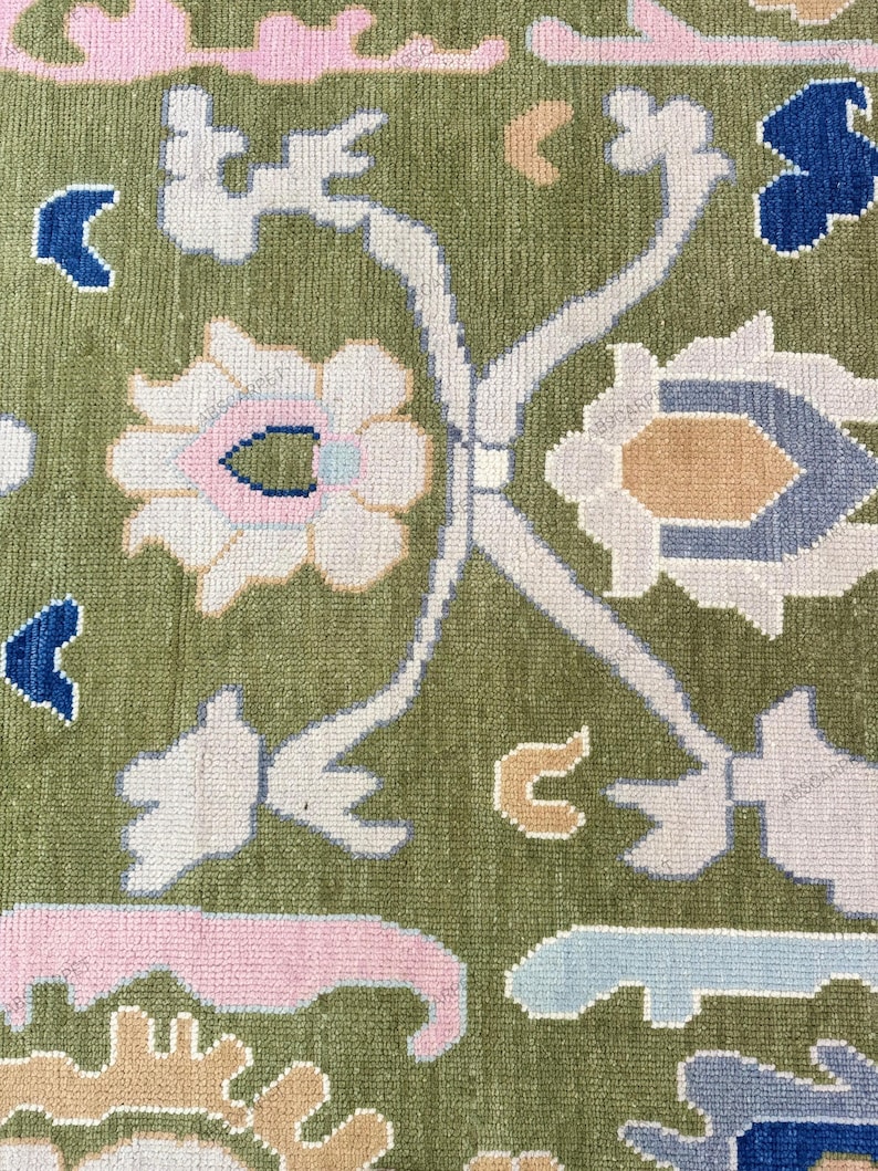 Ready to Ship Modern Hand Knotted 9x12 Oushak Rug in Green Border