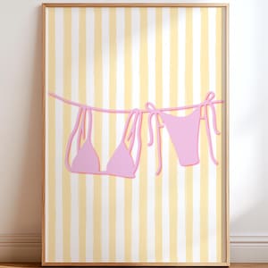 Preppy Wall Art, Pink Bikini Print, Summer Wall Art, Feminine Wall Decor, Coastal Preppy Print, Striped Wall Art