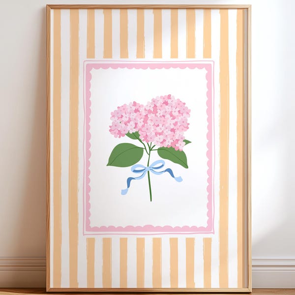 Pink Hydrangea Print, Yellow Cottage Wall Art, Botanical Printable, Grandmillennial Floral Decor, English Garden Wall Art, Flower Print