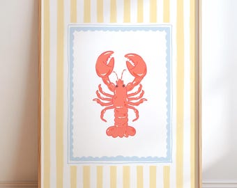 Preppy Lobster Wall Art Printable, Coastal Wall Art, Beach House Wall Art, Nautical Wall Art, Pink Lobster Print, Beach Decor Download