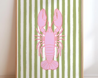 Decorazione murale con aragosta rosa, stampa di aragosta, decorazione murale costiera, decorazione murale nautica, decorazione murale preppy, stampa decorativa con aragosta