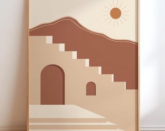 Terracotta Desert Print: Boho Mountain Landscape, Earthy Beige (Digital Download)