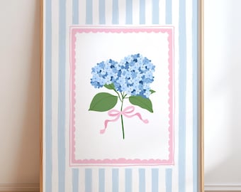 Hydrangea Wall Art – Coquette Floral Printable for Preppy Dorm Decor, Blue & Pink Digital Flower Art, Cute Cottagecore Room Wall Art Print